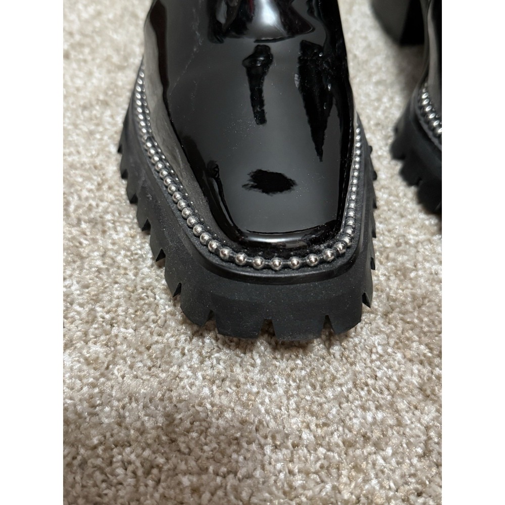 Black Patent Ankle Boots Chunky Lug Sole Silver Bead Glam Goth Grunge - Picture 4 of 8